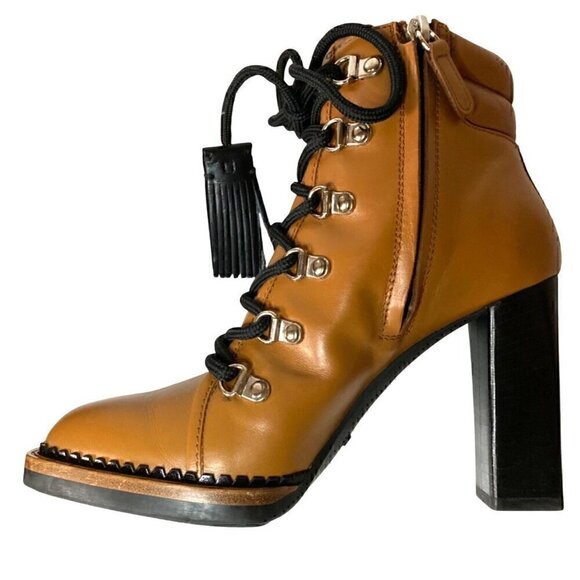 Tods Lace Up Tasseled Leather Ankle Boots 36.5 Brown Black Leather Laces 4" heel - Picture 7 of 16